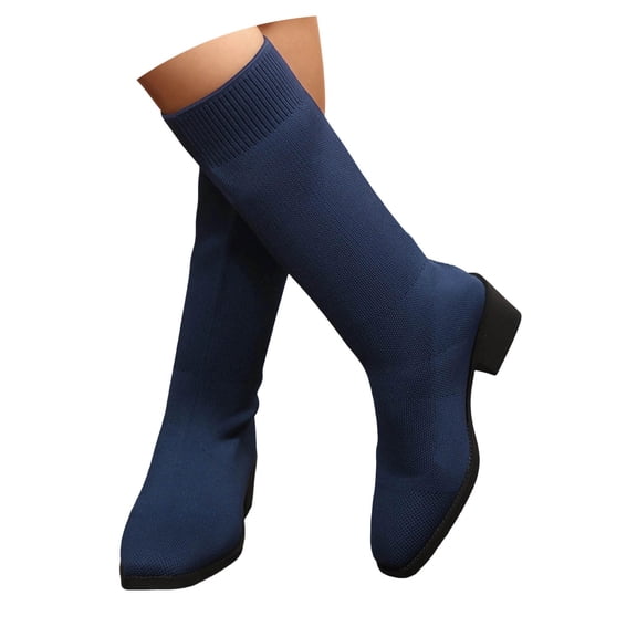 Purcolt Womens Knit Mesh Mid-Calf Boots Y2k Vintage Trendy Round Toe Block Heel Straight Tall Boots Comfort Casual Slip-on Slim Fit Booties Streetwear