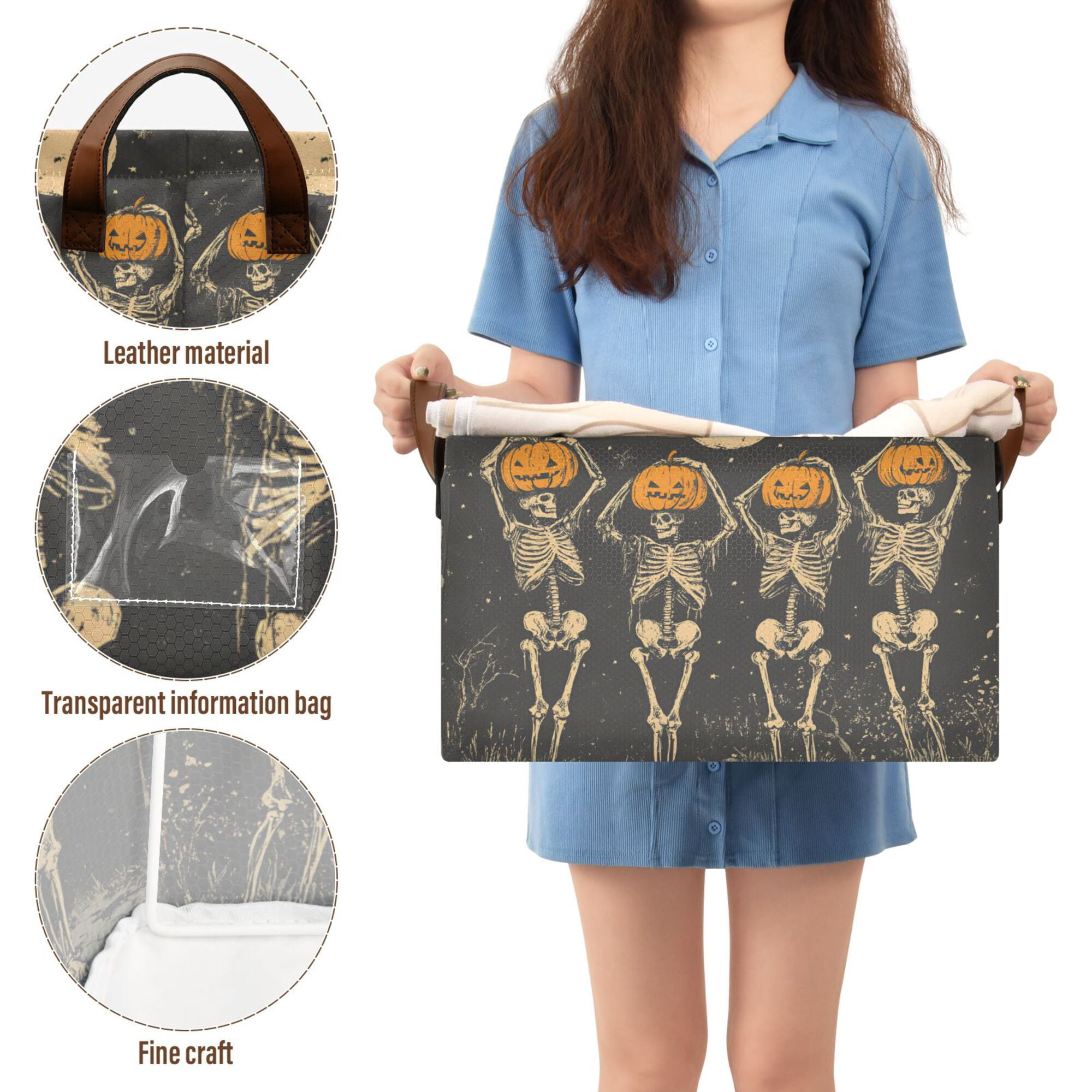 Yayeee Foldable Storage Basket for Shelves with Handles Waterproof Cloth Bins, Beige Halloween Skeleton