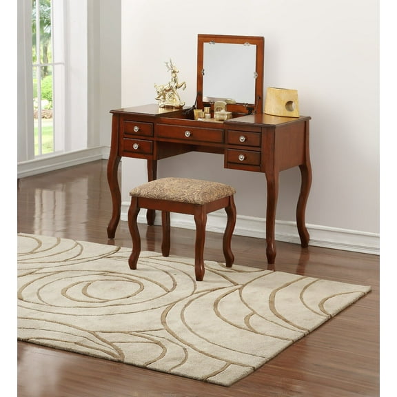 Modern Classic Vanity Set Flip Up Mirror with Stool in Cherry Color Rubberwood Storage Drawers Bedroom Furniture