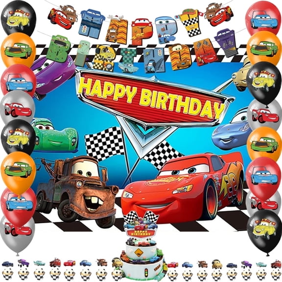 Car Theme Cartoon style Birthday Decoration Kits，Party Supplies Including Banner, Balloons, Cake Toppers, Cupcake Toppers，Background Flag.