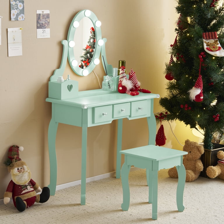 SamyoHome Kids' Dressing Table and Stool Set with 3 Colors Lighting Mirror  for Little Girls Light Green - Walmart.com