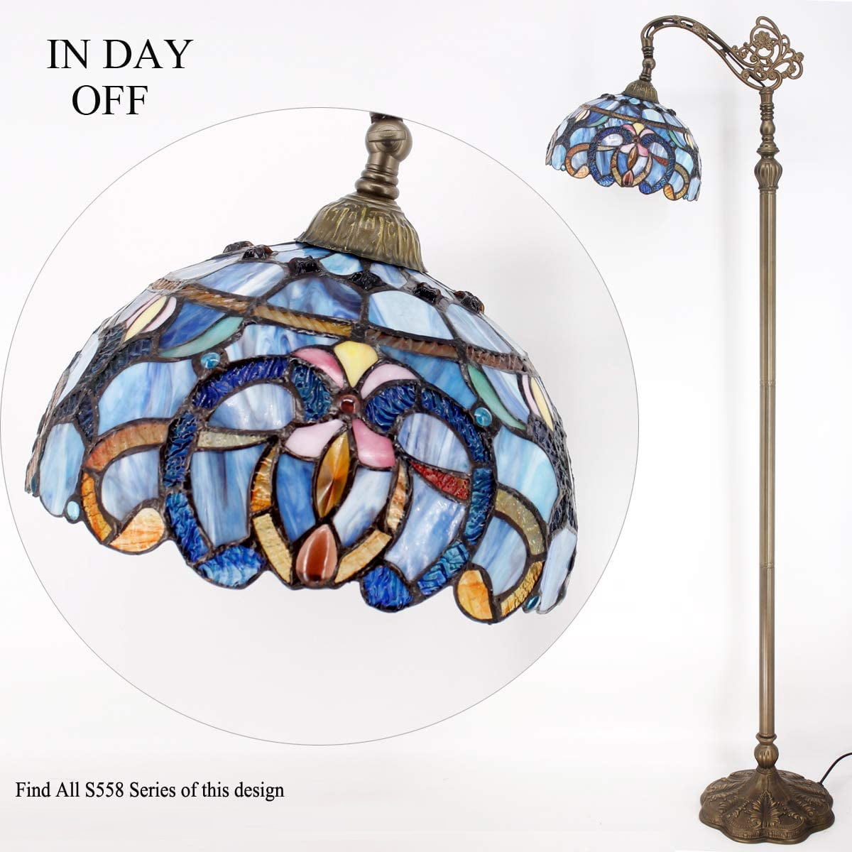 Tiffany Floor Lamp 64" Tall Industrial Pole Vintage Boho Stained Glass Standing Corner Bright Reading LED Light Arched Rustic Gooseneck Adjustable Living Room Kids Bedroom Farmhouse Office WERFACTORY