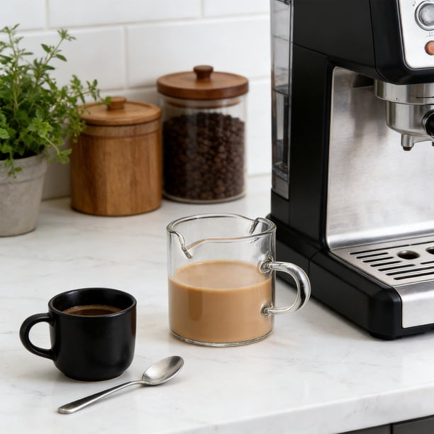 Juego de 2 tazas de café de 4 oz con doble boquilla, vasos de chupito, taza de leche con asa, vaso de vidrio transparente