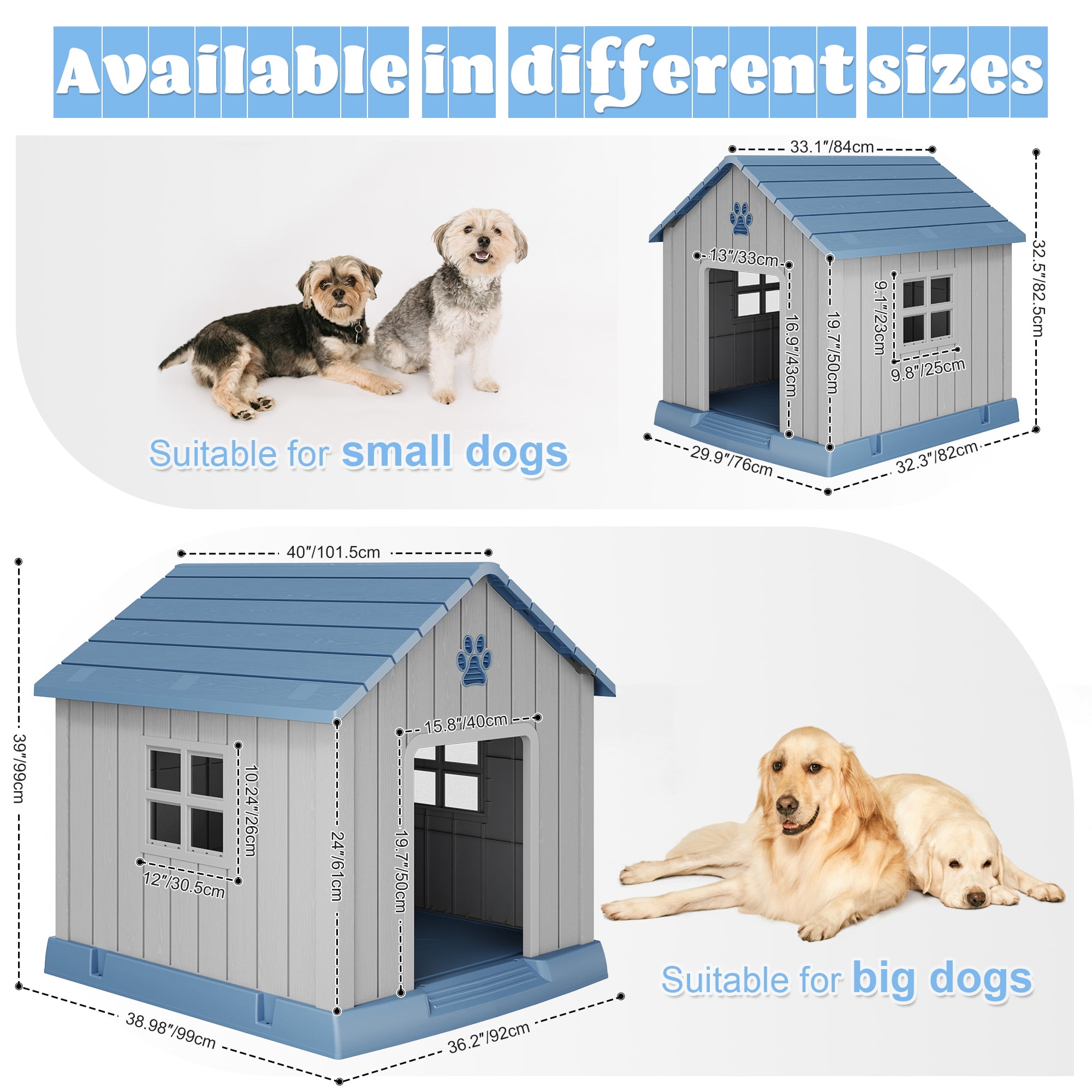 LHBcraft Dog House,Weatherproof Resin Shelter with Air Vents and Elevated Floor for Small-Medium Dogs,Dog kennel for Indoor&Outdoor,Blue,32.3" L x 29.9" W x 32.5" H