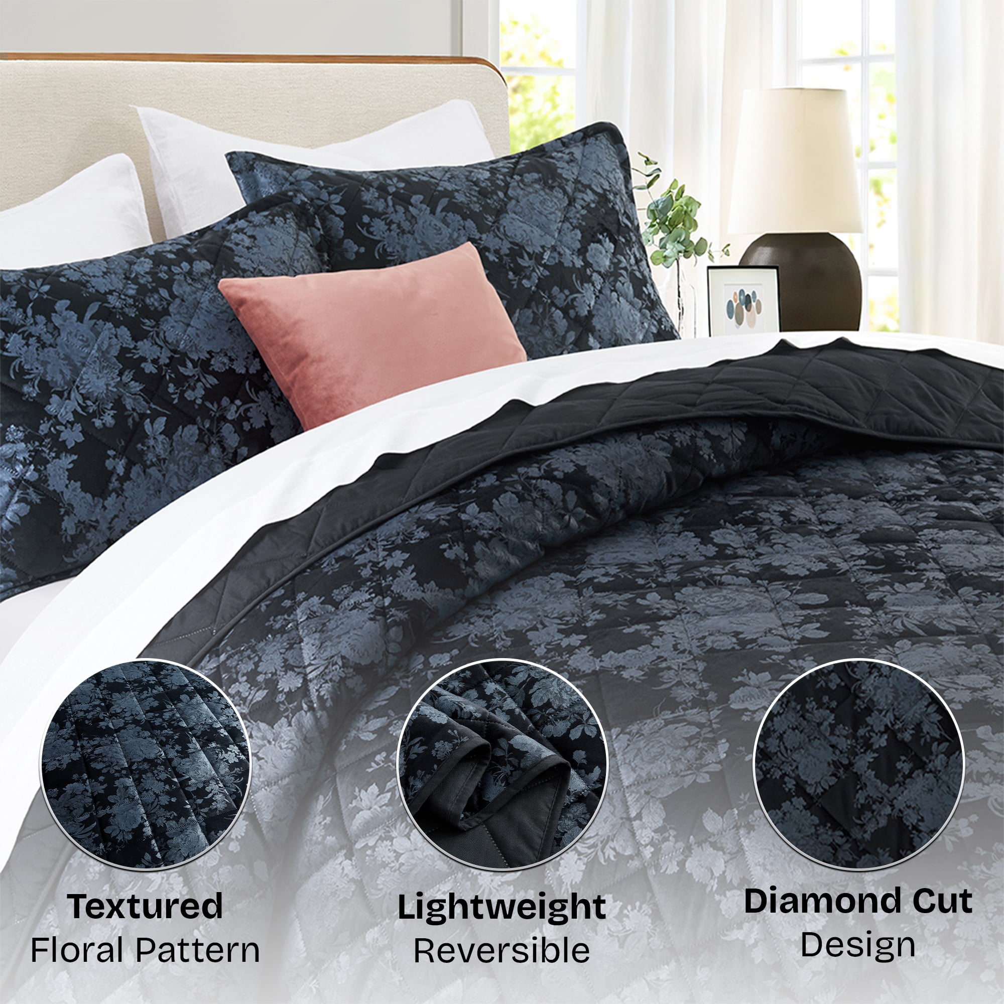 Ameha Luxury Velvet Quilt Floral Diamond Pattern 3-Piece Set Ultrasonic Embossed Bedding Set Ultra Soft Reversible Bedspread Queen Size Black