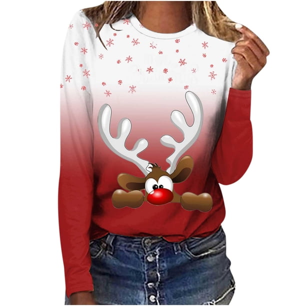 Camisas Navideñas Para Mujer Tops de Manga Larga Jersey de Cuello Redondo Informal Con Estampado de Ciervos en 3D Odeerbi ODB199878