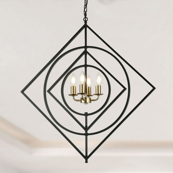 Geometric Chandelier 4 Lights Modern Matte Black with Adjustable Chain Length for Living Room