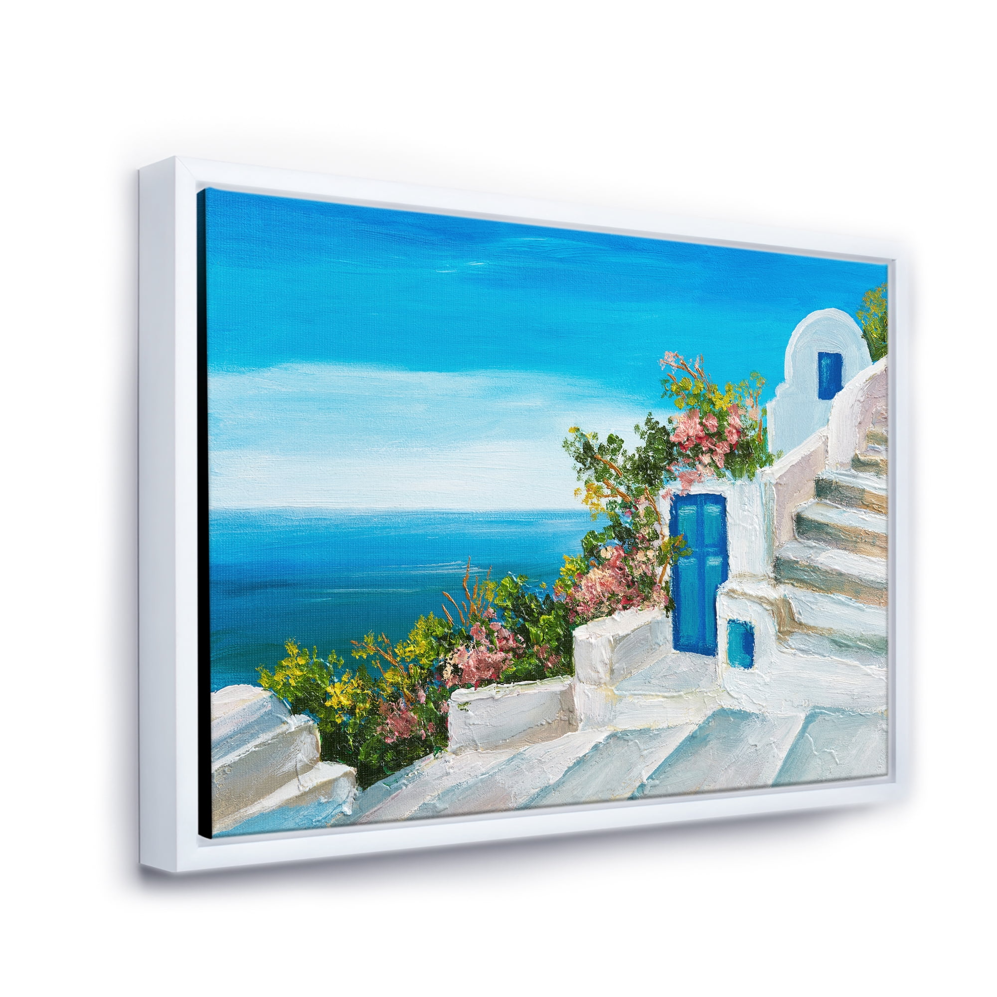 House With Colorful Flowers Near The Sea IV 32 in x 24 in Framed Painting Canvas Art Print, by Designart