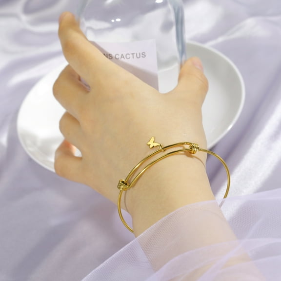 Cute Butterfly Animal Charms Bangles 14K Yellow Gold Adjustable Cuff Bangle Bracelet for Women Trendy Kpop Jewelry Gift