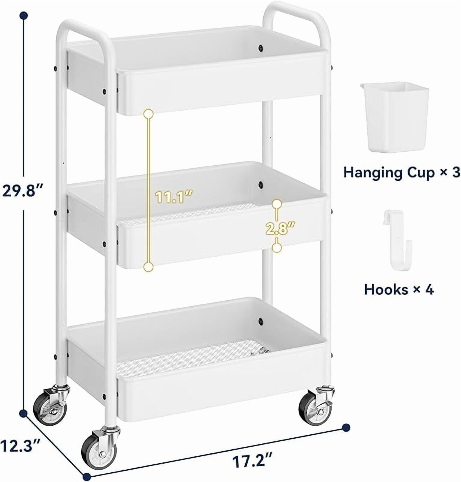 3 Tier Rolling Cart - Metal Utility Cart with Wheels, Hanging Cups, Hooks, Heavy Duty Mesh Rolling Storage Cart Organizer, Craft Cart for Kitchen Office, Lightweight and Sturdy