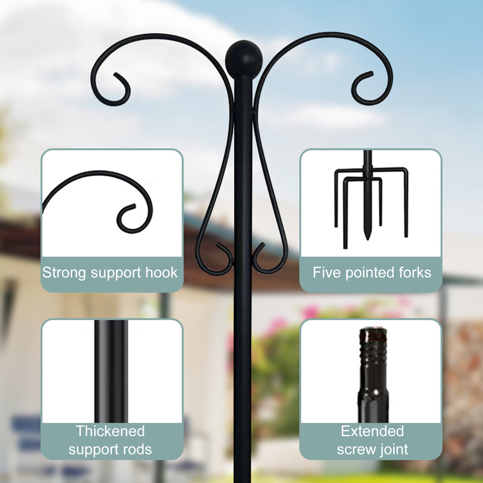 Sylvtty Outdoor Shepherd Hook Double Hooks Heavy Duty Bird Feeder Pole Shepherd Hook with 5-Prong Base for Hanging Plants Lanterns Wind Chimes