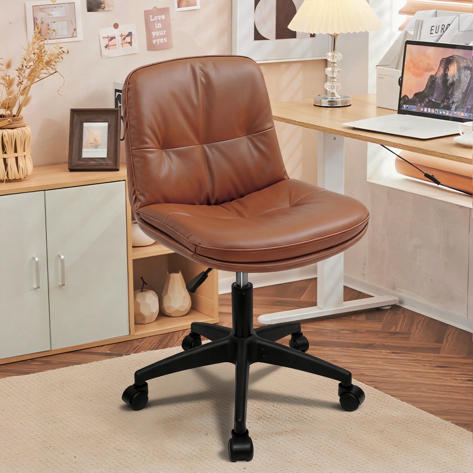 Vanity Chair with Back, PU Leather Swivel Office Desk Chair, Height Adjustable Armless Chair for Small Spaces, Bedroom, Vanity, Home Office Brown