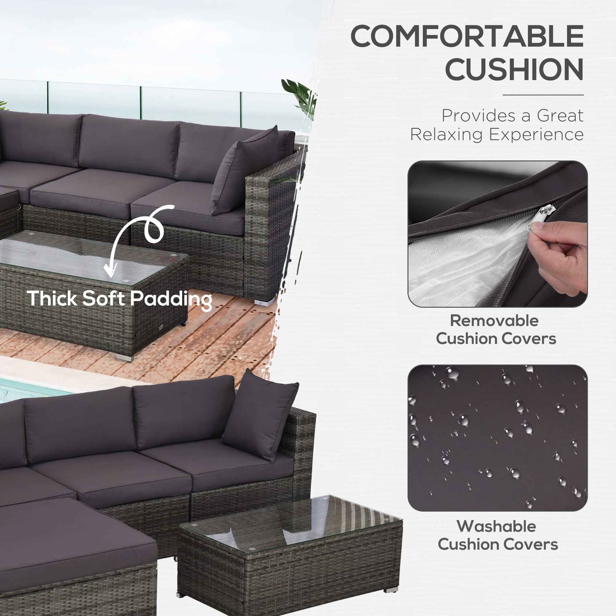 Outsunny 5-Piece Outdoor Sectional Furniture, Patio Sofa Set, PE Wicker Couch, Cushions, Pillows, Ottoman, Coffee Table, Charcoal