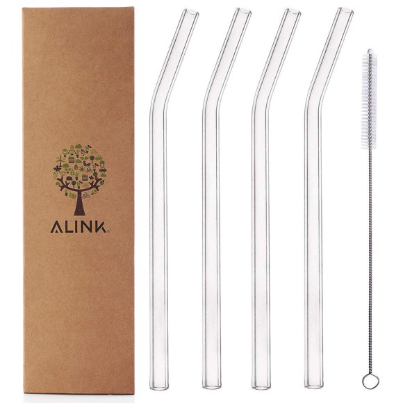 Alink Pajitas De Vidrio Para Batidos, Pajitas Reutilizables Transparentes Dobladas De 9 X 10 Mm, Juego De 4 Con Cepillo De Limpieza