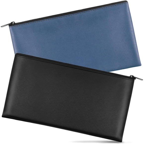 Joyberg 2-Piece Money Bag Set, 11x6.1 Inch Faux Leather Leather Storage Bags with Zipper for Cash, Bank Deposits, Cosmetics, Crafts, Office Supplies, Black & Blue
