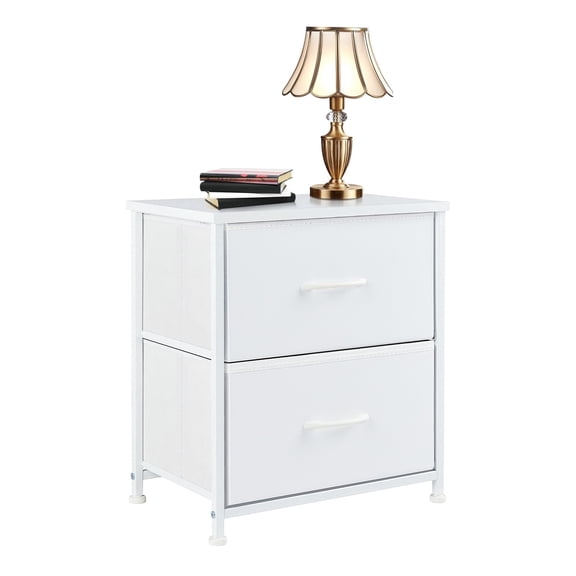 White Nightstand with 2 Fabric Drawers & Wooden Top, Small Dresser Bedside Table for Bedroom, Closet, Entryway & College Dorm