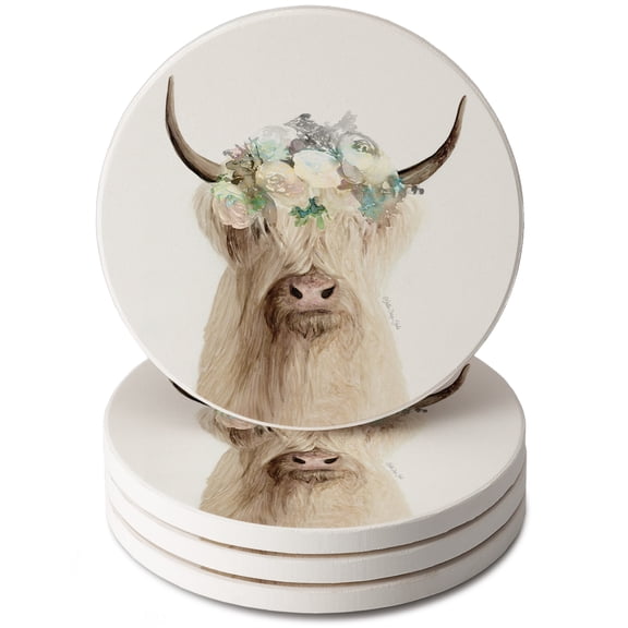 Thirstystone Floral Highland Cow 4-Pack Round Stone Coasters