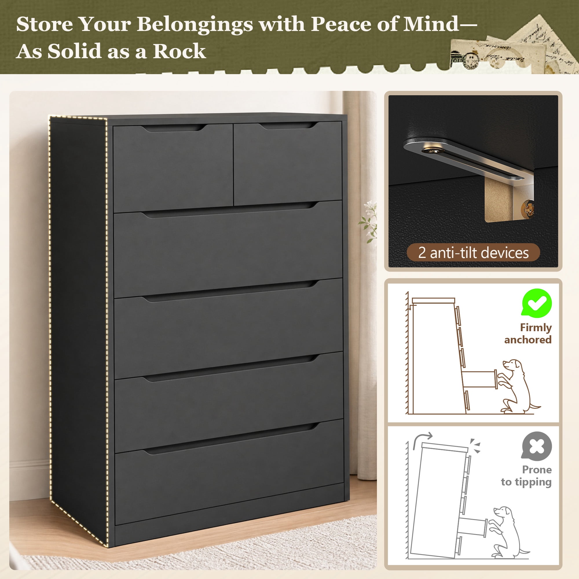 EnHomee Black Tall Dresser Wood 6 Drawer Dressers for Bedroom Wood Chest of Drawers with Smooth Metal Rail Large Dresser Modern Storage Cabinet for Home Office Living Room, 43.2"H x 27.55"L x 15.66"D