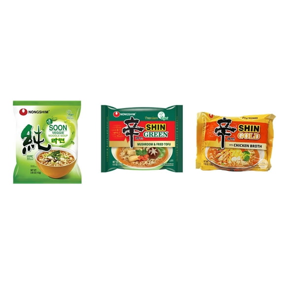 3 Pack Korean NongShim Gourmet Spicy Shin Instant Ramen Noodle, 3 Flavors(Soon Veggie,shin Green,shin gold) Plus NineChef Brand Long Handle Coffee Spoon
