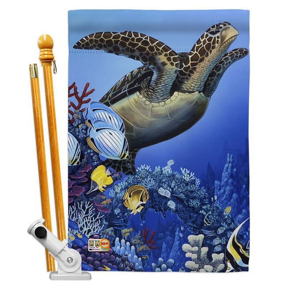 Breeze Decor BD-WL-HS-110067-IP-BO-D-US13-AL 28 x 40 in. Flight of the Sea Turtle Nature Wildlife Impressions Decorative Vertical Double Sided House Flag Set with Pole Bracket Hardware