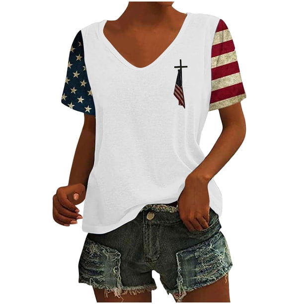 Tops Cortos para las Mujeres Día de la Independencia Patriótica Impreso Cuello en V, Manga Corta Top Casual para Diario, Fiesta Y Todas las Estaciones