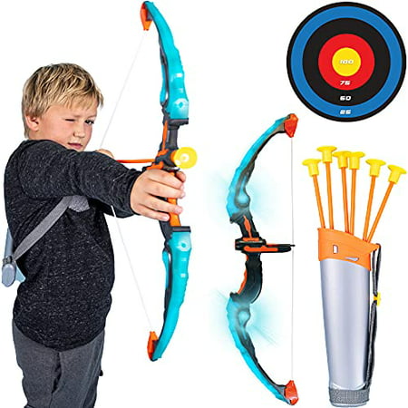 Island Genius LED Bow and Arrow Archery Set Indoor Outdoor Games Toys and Gifts for Kids Boys and Girls Ages 3 4 5 6 7 8 Years Old - Light-up Bow  6 Suction Cup Arrows  Quiver and Target