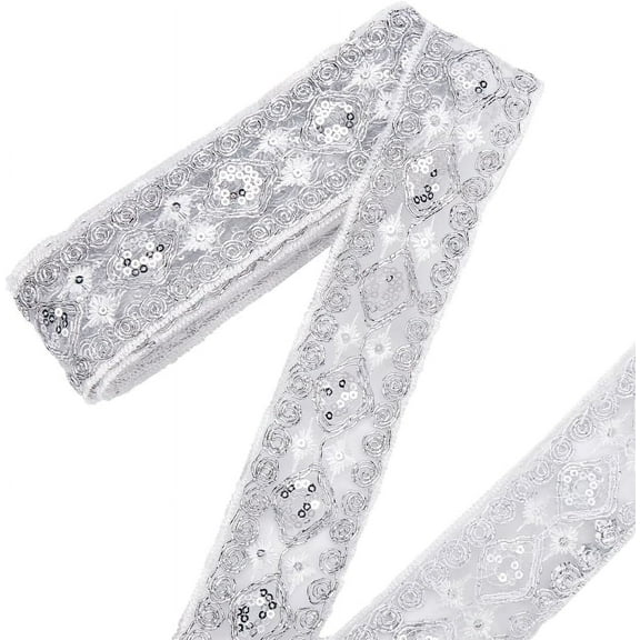 10 Yards 1.69 Inch Silver Sequin Embroidered Lace Ribbon Trim Metallic Vintage Glitter Embroidery Sequins Beaded Edging Applique Ribbon