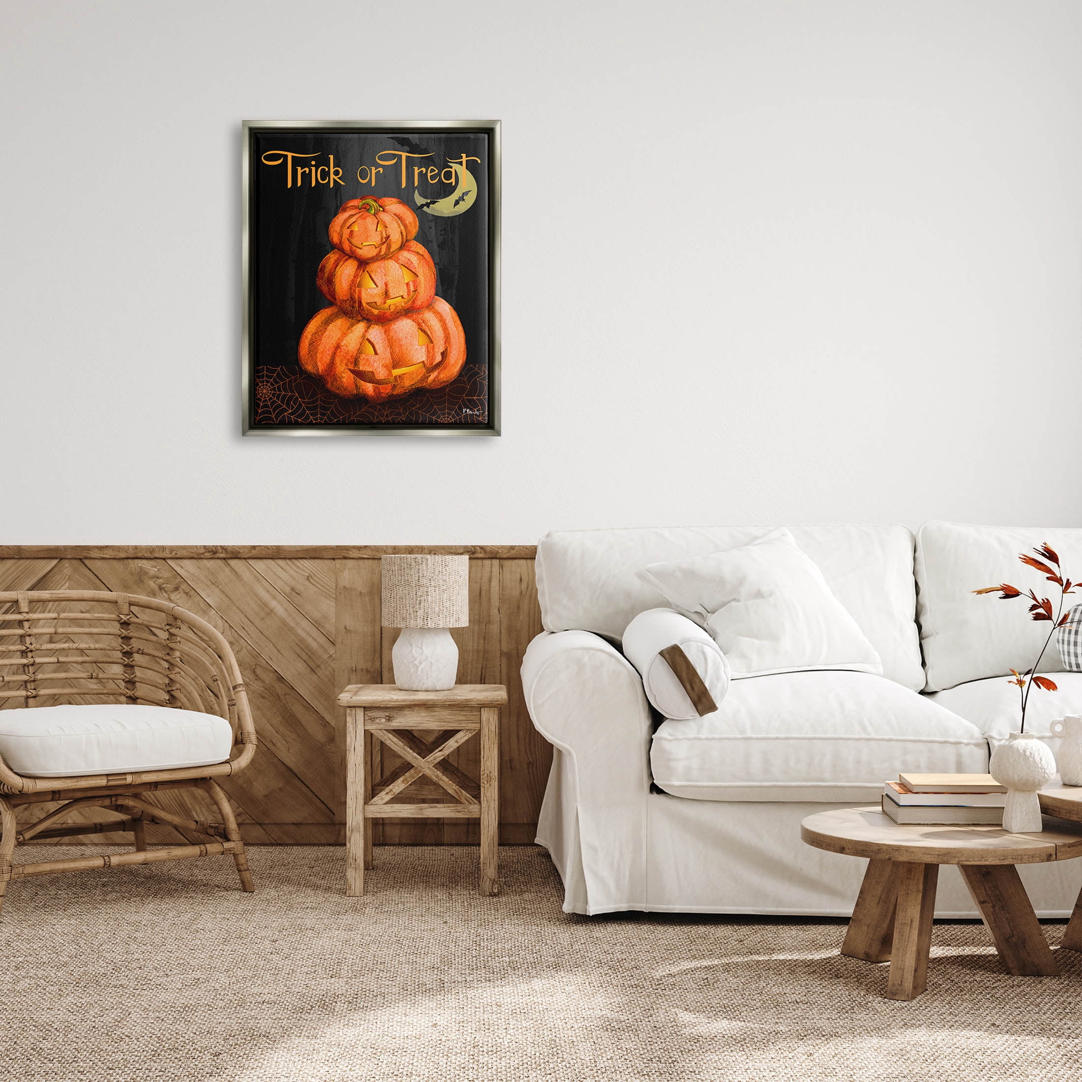 Stupell Industries Trick Or Treat Halloween Jack-o-Lantern Graphic Art Luster Gray Floating Framed Canvas Print Wall Art, Design by Paul Brent