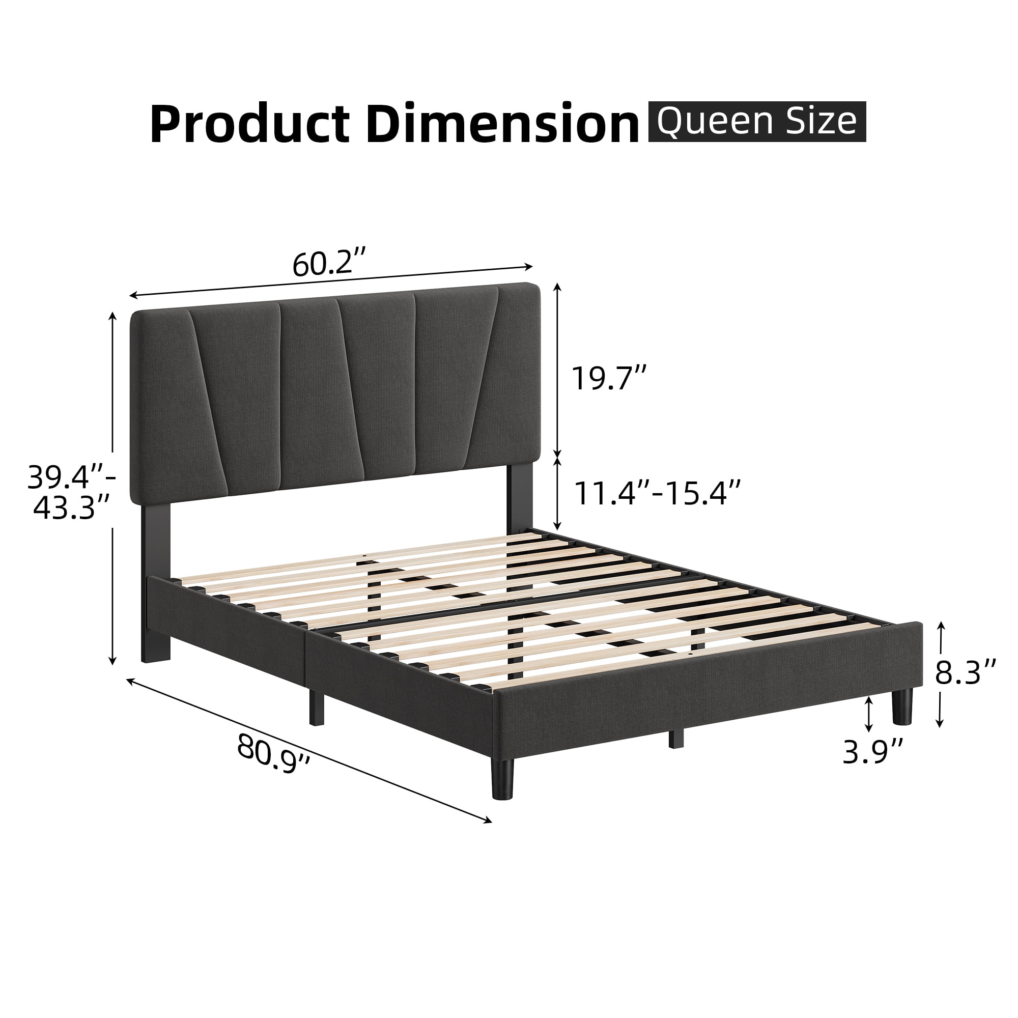 Shininglove Queen Size Platform Bed Frame, Linen Upholstered Bed Frame with Headboard, Modern Mattress Foundation with Wooden Slats Supports for Twin Bed, No Box Spring Needed, Dark Gray