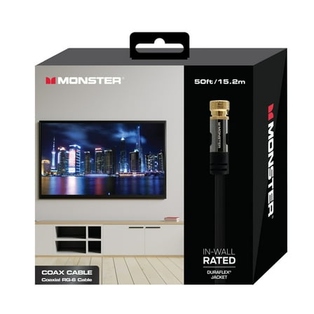 Monster 50' Quad Premium Coax Cable, RG-6 F-Pin Connector, Gold-Plated Terminals, Duraflex Jacket, UL CL2 Rated for In-Wall & Outdoor Use
