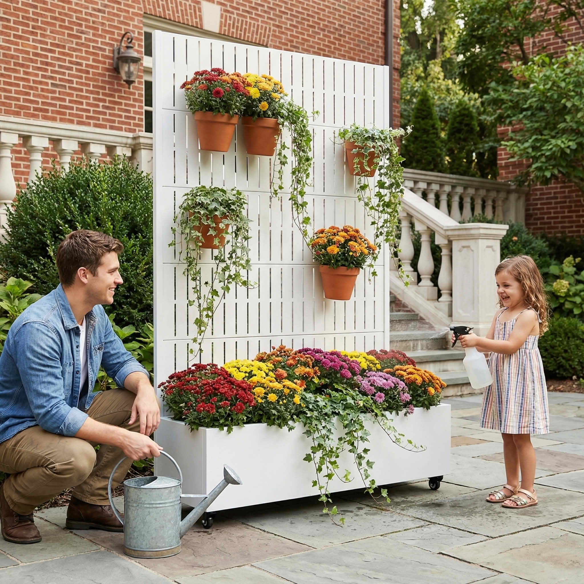 MAYEERTY 72X47" Metal Outdoor White Privacy Screen with Planter Box for Backyard & Garden, 5 Piece Set