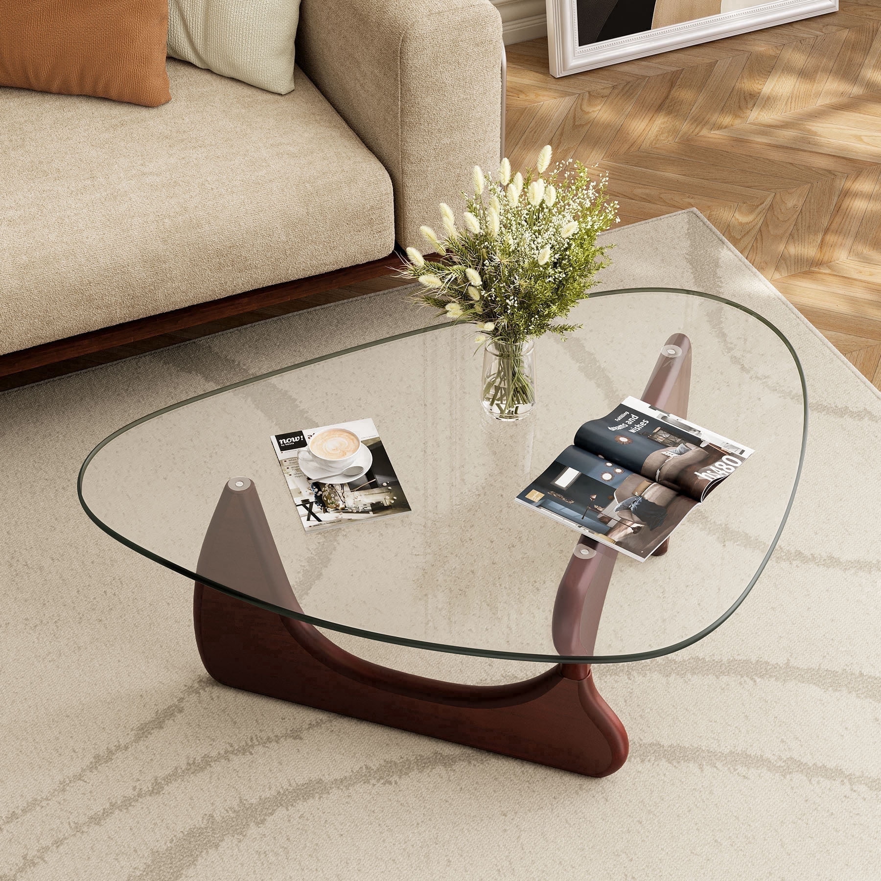 Modern Glass Coffee Table for Living Room for Bedroom Living Room, Office, Dark Walnut, 35"