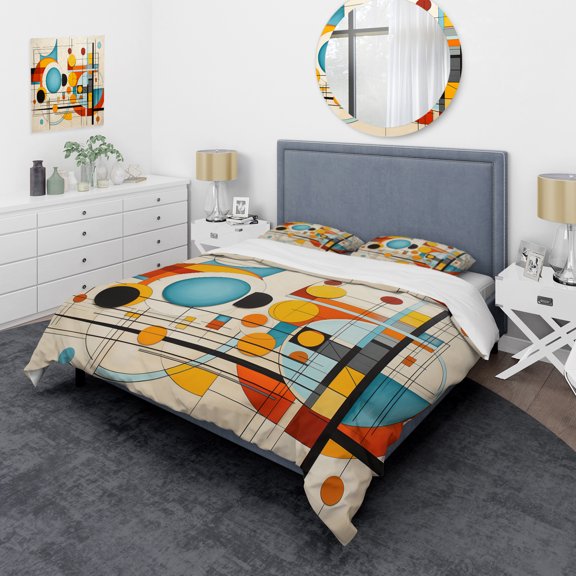 Designart "Graphic Geometrics Orange and Blue Mid Century" Mid-Century Bedding Covert Set - Abstract Midcentury Orange Abstract Bed Set With 2 Shams