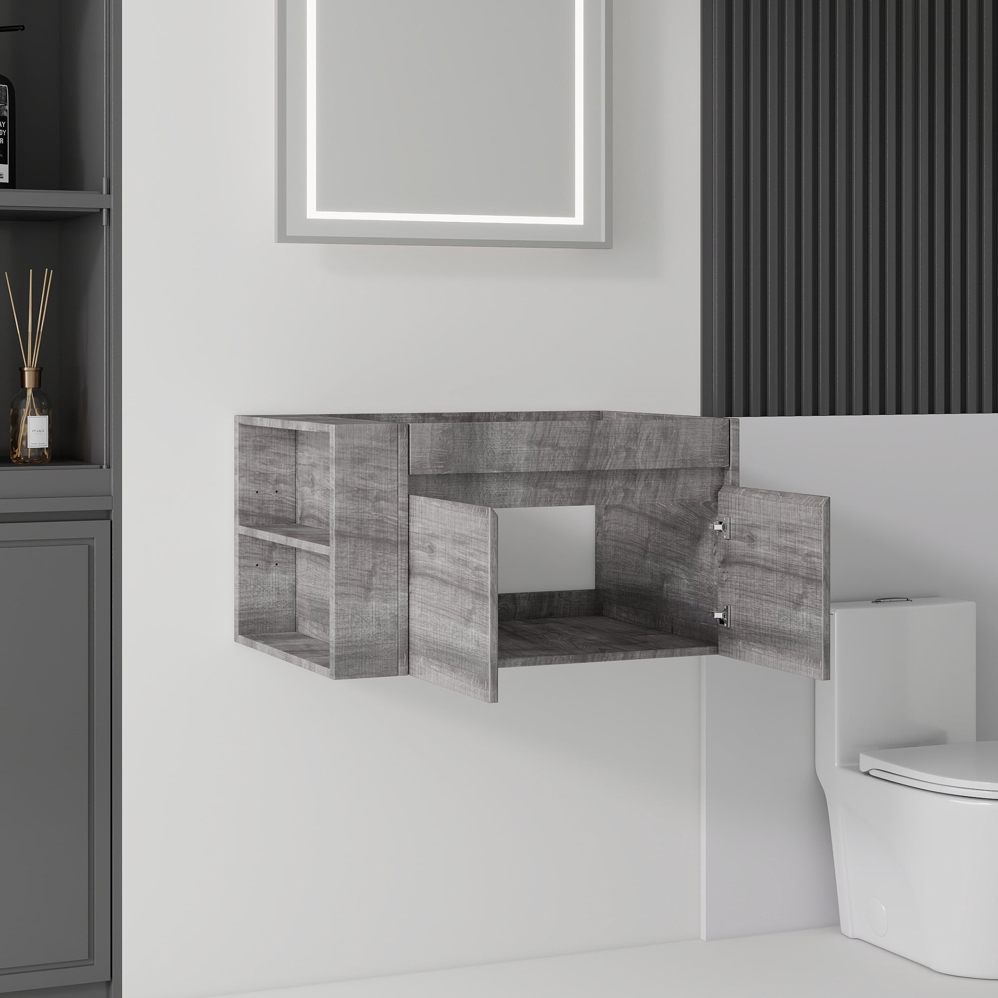 Leumius 30" Floating Bathroom Vanity Cabinet with Open Side Storage Compartment,Soft-Close Double Doors,Wall Mounted Bathroom Cabinet for Small Space,Cabinet Only,Grey