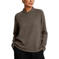 thumbnail image 2 of thefmos Women Plus Size Fall Winter Collared Long Sleeve Button Down Shirts Casual Pullover Tops Solid Loose Tunic Blouses Vacation Office Clothes, Coffee L, 2 of 6