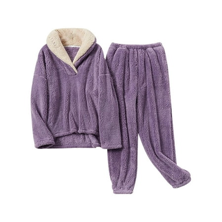 

Womens Flannel Winter Warm 2Pcs Pajamas Outfit Solid Color Long Sleeve Pullover Hoodie Outwear + Casual Elastic Pants Set