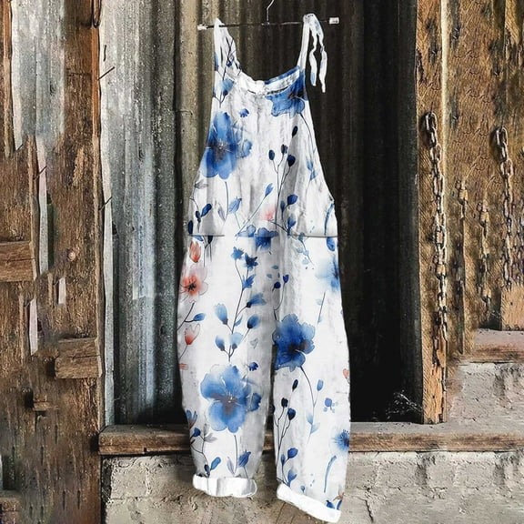 Women's Summer Jumpsuits Boho Wide Leg Overalls Casual Floral Print Rompers Beach Outfits with Pockets Blue XL