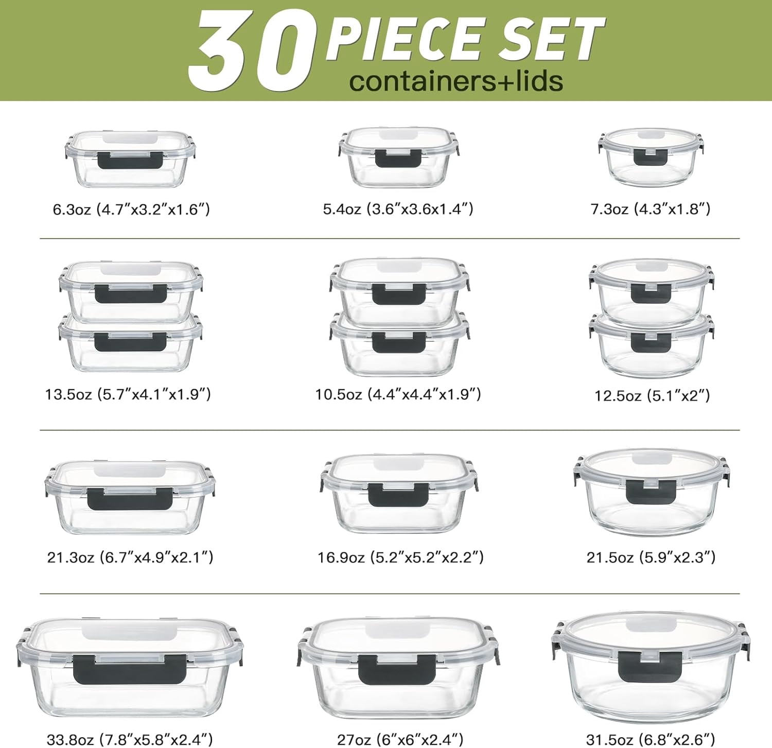 30 Piece Glass Food Storage Containers Set, Glass Meal Prep Containers with Lids, Airtight Lunch Box, BPA-Free, Microwave, Freezer & Dishwasher Safe