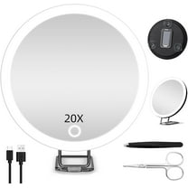 GoXteam Travel Magnifying Mirror 20X with Lights, Large 6" Diameter Makeup Mirror, Portable Handheld Close Up Magnified Mirror with Stand & Suction Cups, Perfect for Makeup, Shaving, Black