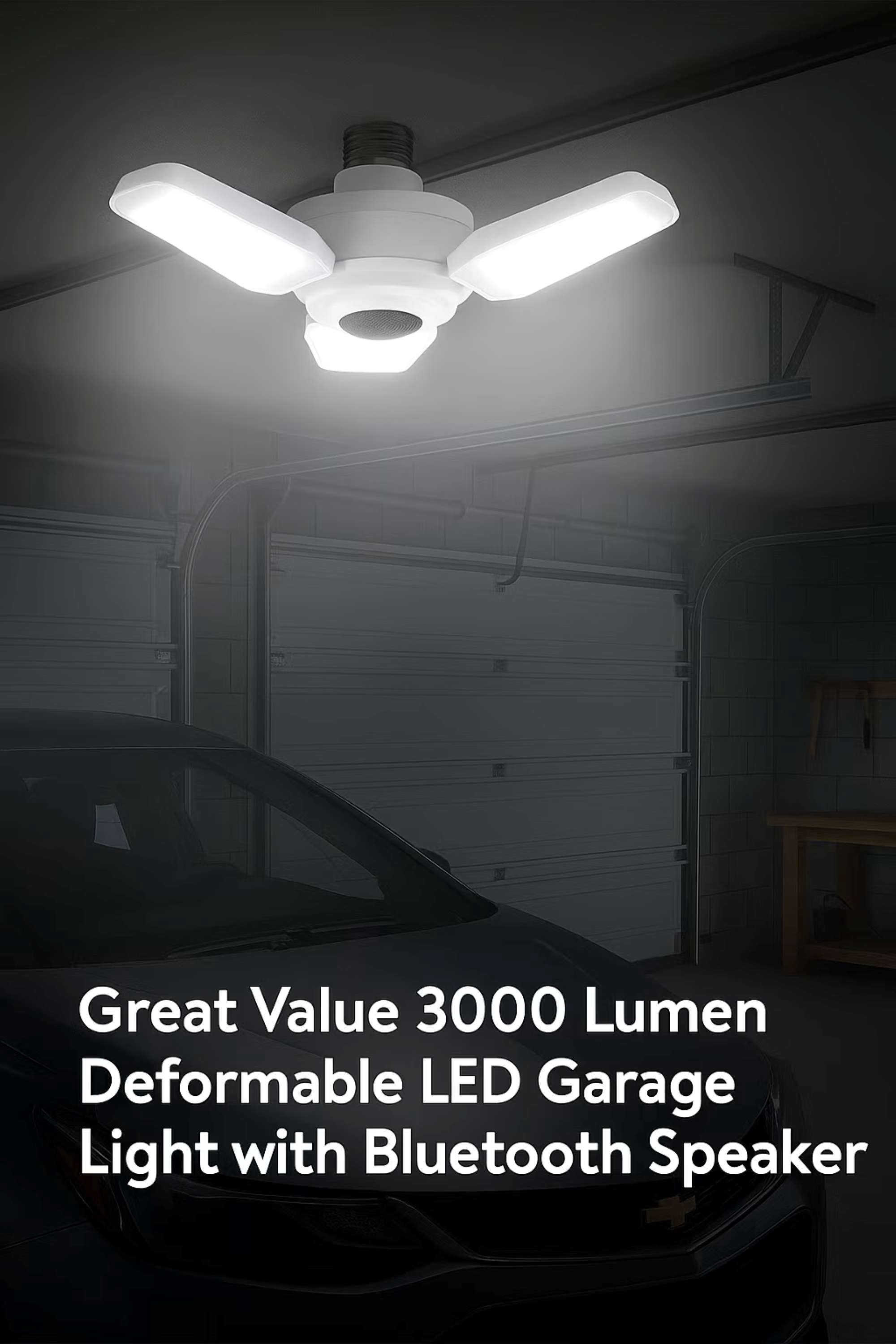 Great Value LED Garage Light with Bluetooth Speaker, 3000 Lumens, 3 Adjustable Panels, E26 Base, 5000K Daylight, 40W, Screw-In Ceiling Shop Light for Garage, Workshop, Basement, Attic, 1 Pack