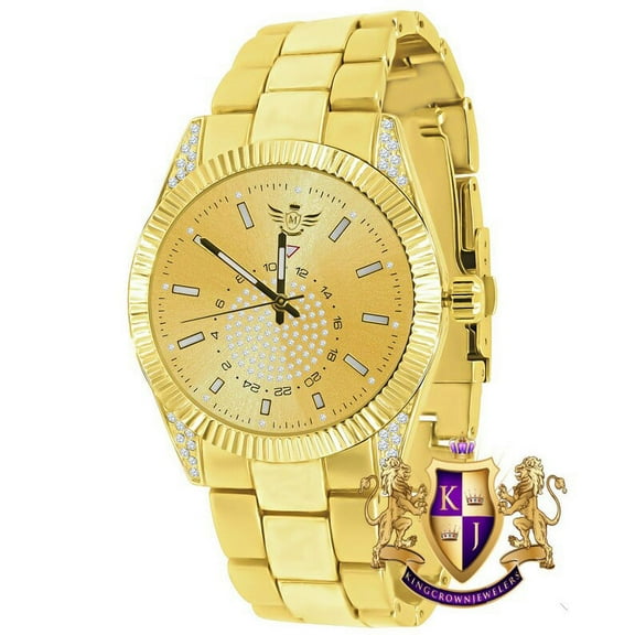 Men's Stainless Steel 14K Gold Finish Gold Dial Simulated Diamond 5 ATM Water Resistance Precedential Watch 40mm