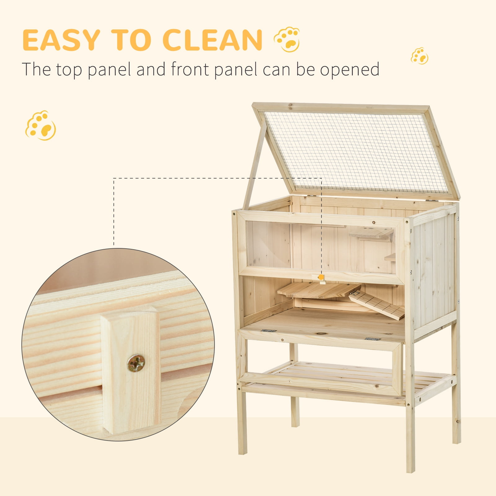 3-Tier Wooden Hamster Cage with Openable Top, Door, Shelf, Natural Wood