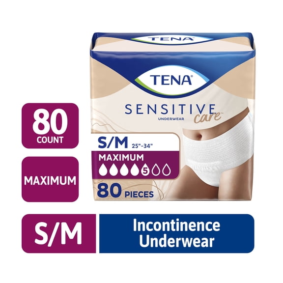 TENA Sensitive Care Maximum Underwear, S/M, 80 count (Waist size 25in-34in)