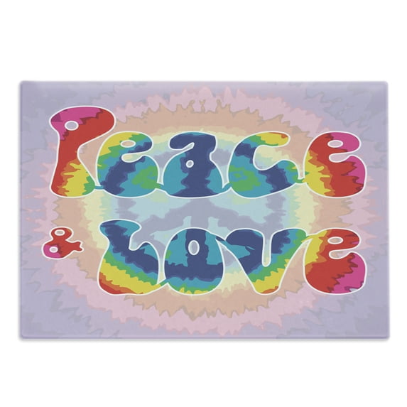 Groovy Cutting Board, Peace and Love Text in Tie Dye Effect Pattern Energetic Youthful Fun 60s 70s Hippie, Decorative Tempered Glass Cutting and Serving Board, Large Size, Multicolor, by Ambesonne