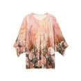 thumbnail image 4 of Women Button Up Blouses for Women Floral Print Shirts 3/4 Sleeve V Neck Pleated Front Blouse Tops Summer Casual T-shirts Orange Pink 2XL, 4 of 6