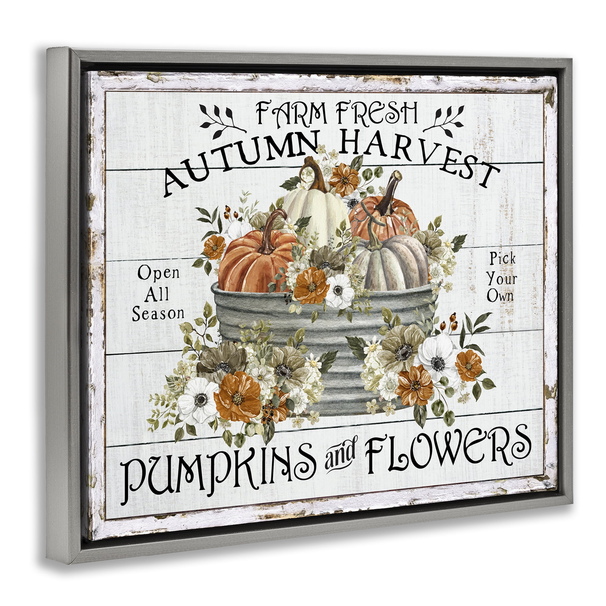Stupell Industries Farm Fresh Harvest Pumpkin Holiday Painting Gray Floater Framed Canvas Art Prints Wall Art, 21 x 17