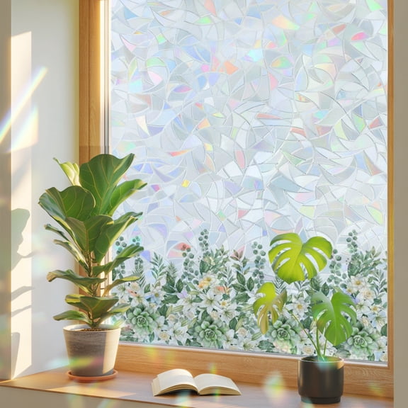 Flower Leaves Window Privacy Film, Rustic Farmhouse Beige Floral Green Botanical Static Cling Stained Glass Window Sticker Decorative Removable Rainbow Film for Glass 17.7”x39.3”