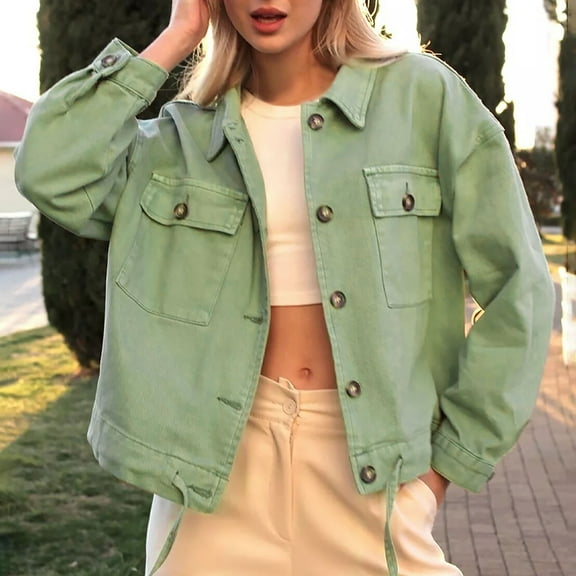 FRSASU Women's fashionable and comfortable Cargo Jean Jacket - Cropped Button Spring Fashion Coat for Women Green