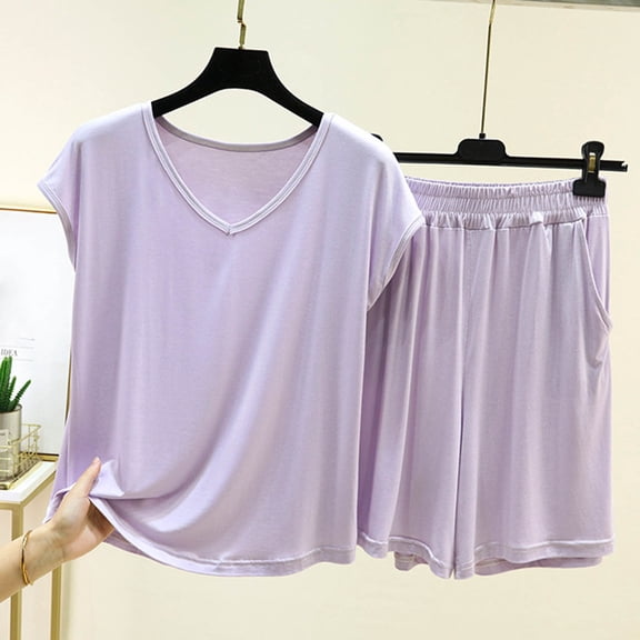 Costeam Womens V Neck Short Sleeve Top and Wide Leg Shorts Two Piece Set Soft Breathable Knit Fabric Side Pockets Elastic Waist Loose Fit Casual Daily Outfit