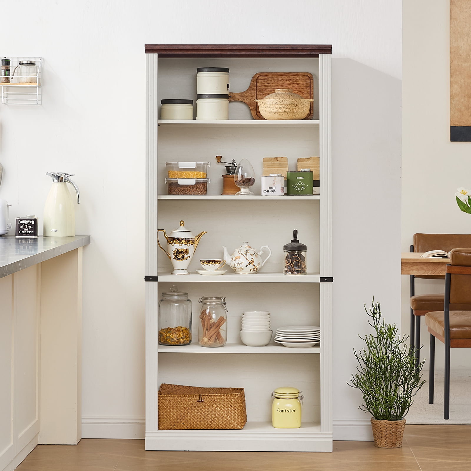Buildhom 2pc 70" Tall Farmhouse Bookshelf, 5-Tier Solid Wood Bookcase with Adjustable Shelves for Living Room & Office, White